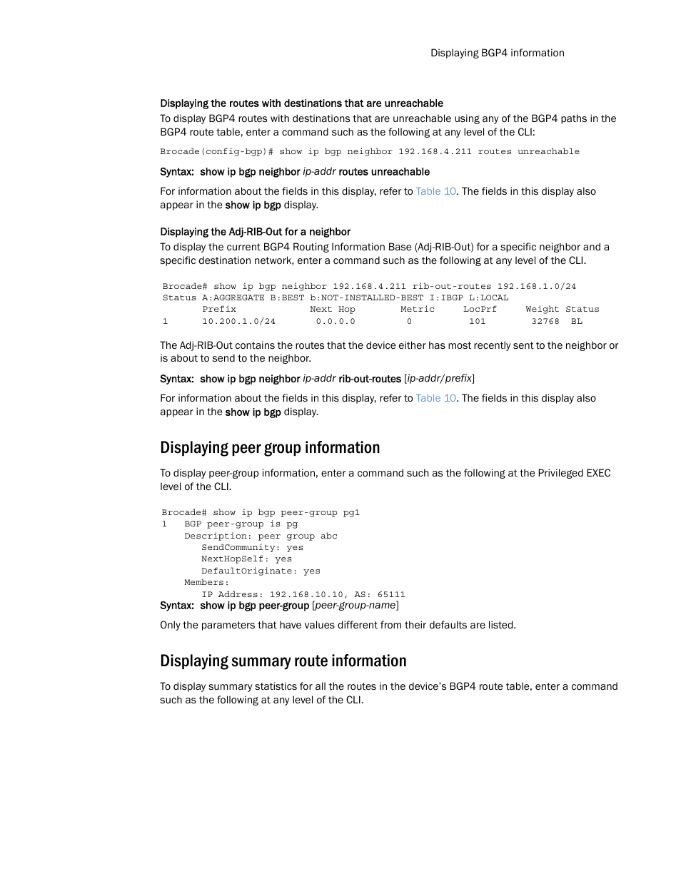 Displaying peer group information, Displaying summary route information | Brocade Multi-Service IronWare Routing Configuration Guide (Supporting R05.6.00) User Manual | Page 159 / 846