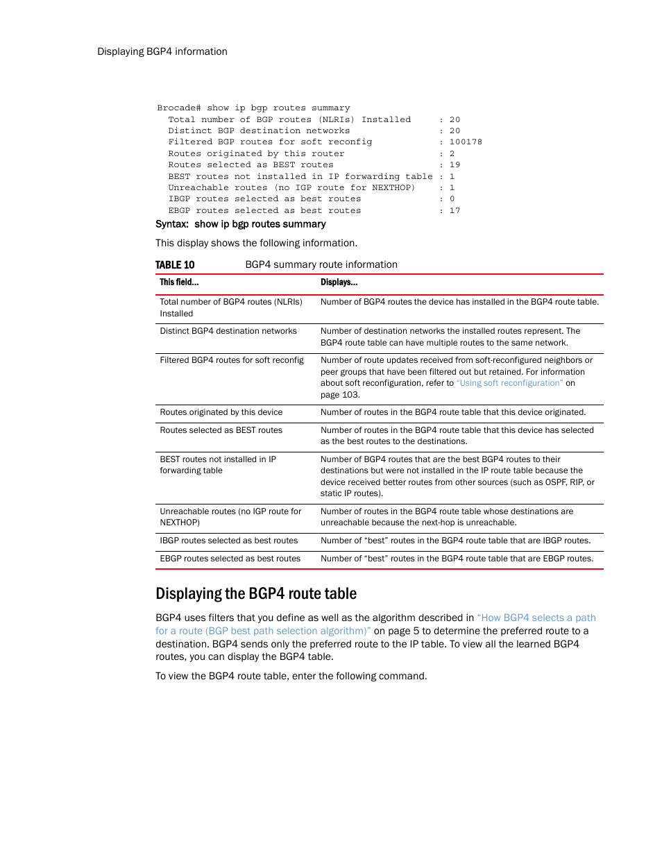 Displaying the bgp4 route table, Displaying, The bgp4 route table | Table 10 | Brocade Multi-Service IronWare Routing Configuration Guide (Supporting R05.6.00) User Manual | Page 160 / 846