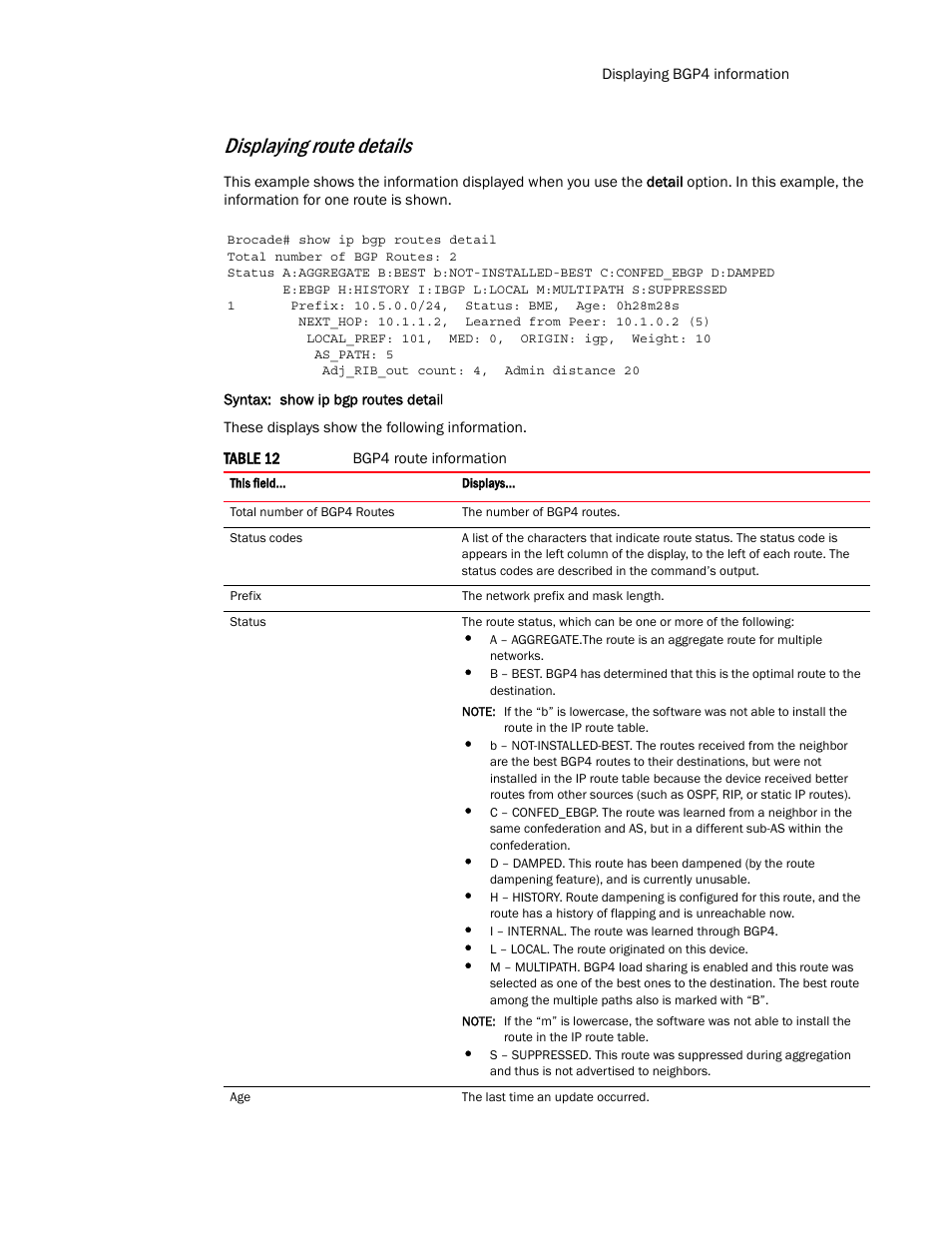 Displaying route details | Brocade Multi-Service IronWare Routing Configuration Guide (Supporting R05.6.00) User Manual | Page 165 / 846