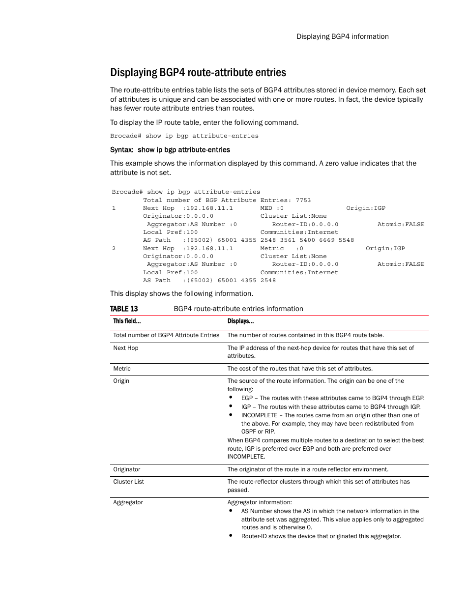 Displaying bgp4 route-attribute entries | Brocade Multi-Service IronWare Routing Configuration Guide (Supporting R05.6.00) User Manual | Page 167 / 846