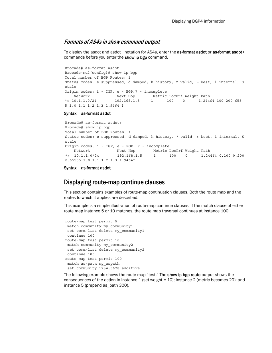 Displaying route-map continue clauses, Formats of as4s in show command output | Brocade Multi-Service IronWare Routing Configuration Guide (Supporting R05.6.00) User Manual | Page 179 / 846
