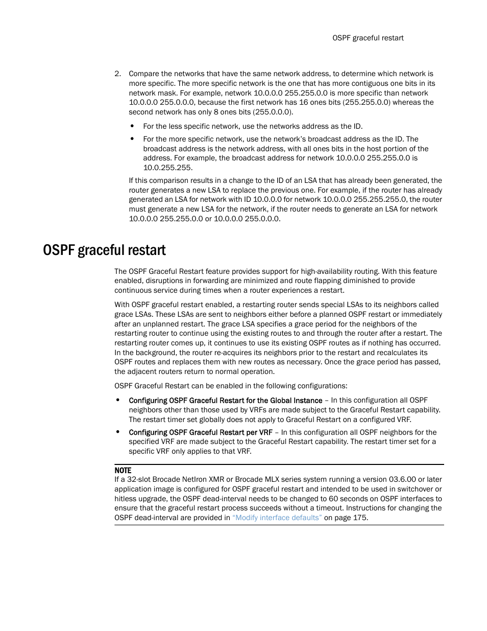 Ospf graceful restart | Brocade Multi-Service IronWare Routing Configuration Guide (Supporting R05.6.00) User Manual | Page 191 / 846