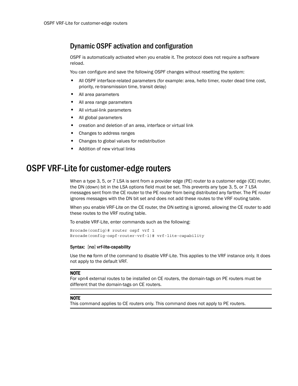 Dynamic ospf activation and configuration, Ospf vrf-lite for customer-edge routers | Brocade Multi-Service IronWare Routing Configuration Guide (Supporting R05.6.00) User Manual | Page 194 / 846
