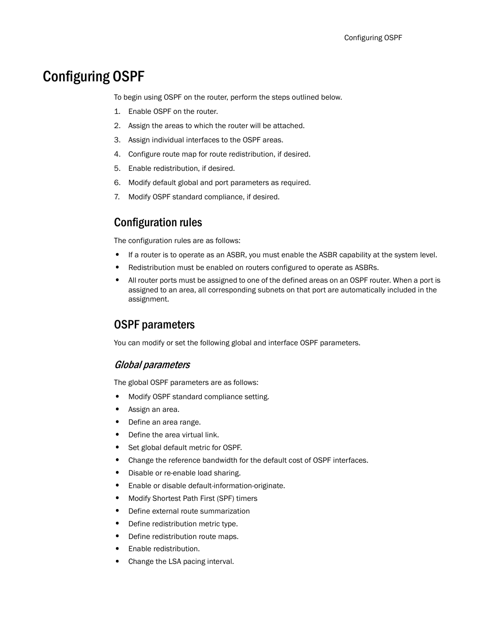 Configuring ospf, Configuration rules, Ospf parameters | Global parameters | Brocade Multi-Service IronWare Routing Configuration Guide (Supporting R05.6.00) User Manual | Page 195 / 846