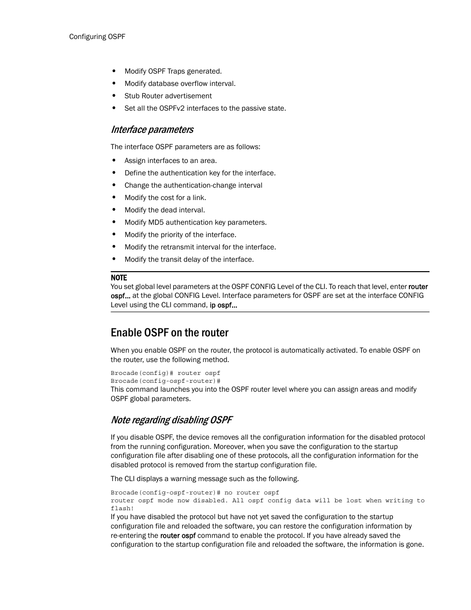 Enable ospf on the router, Interface parameters | Brocade Multi-Service IronWare Routing Configuration Guide (Supporting R05.6.00) User Manual | Page 196 / 846