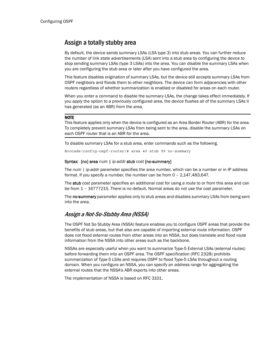 Assign a totally stubby area, Assign a not-so-stubby area (nssa) | Brocade Multi-Service IronWare Routing Configuration Guide (Supporting R05.6.00) User Manual | Page 198 / 846