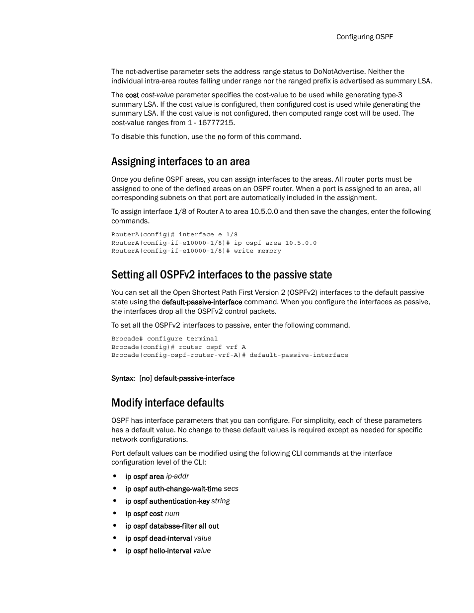 Assigning interfaces to an area, Setting all ospfv2 interfaces to the passive state, Modify interface defaults | Brocade Multi-Service IronWare Routing Configuration Guide (Supporting R05.6.00) User Manual | Page 203 / 846