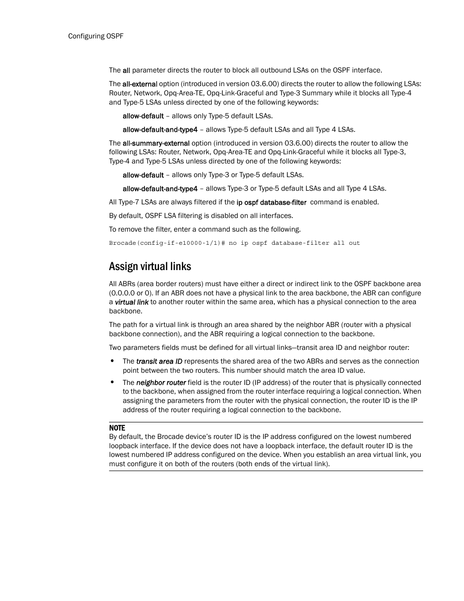 Assign virtual links | Brocade Multi-Service IronWare Routing Configuration Guide (Supporting R05.6.00) User Manual | Page 208 / 846