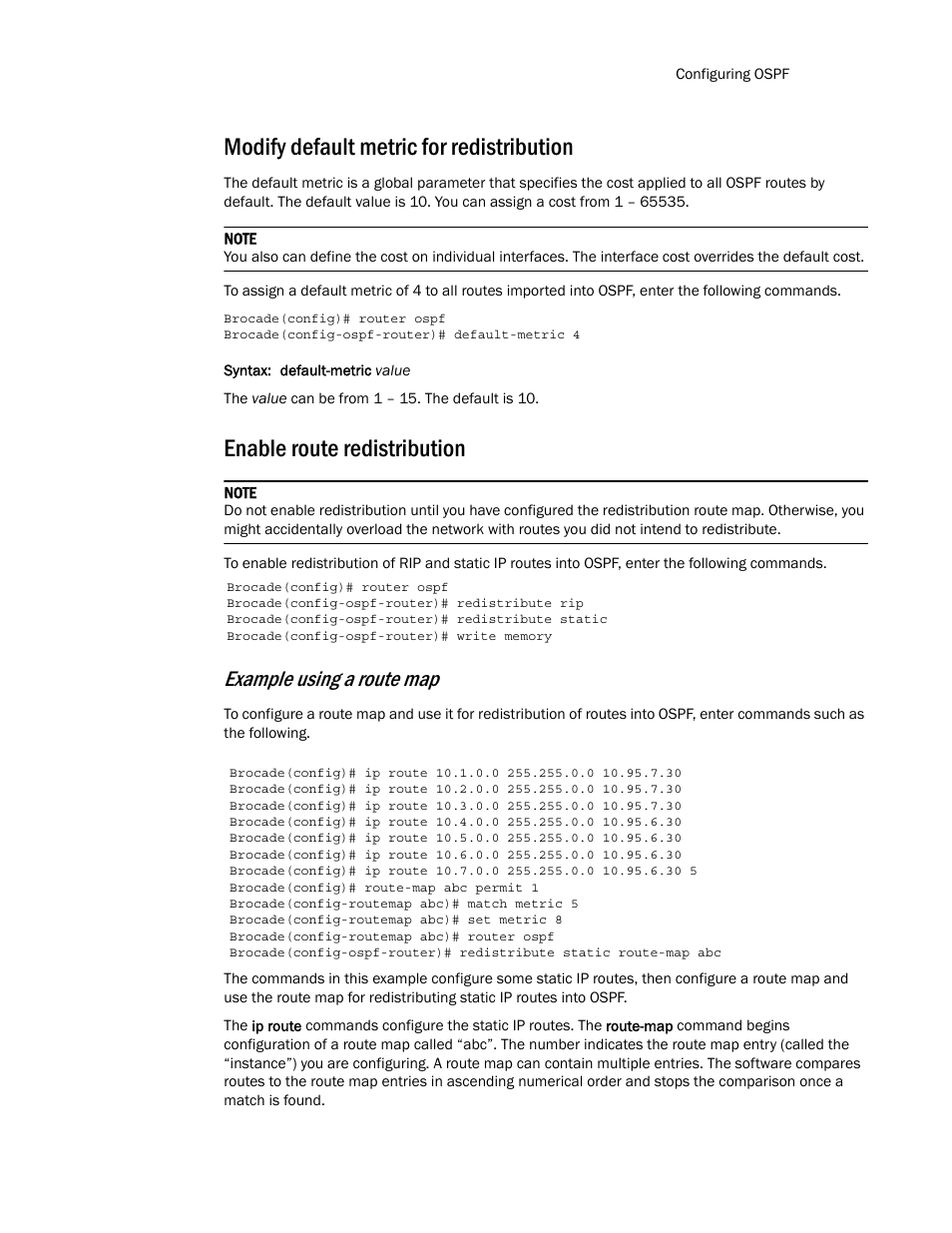 Modify default metric for redistribution, Enable route redistribution, Enable | Route redistribution, Example using a route map | Brocade Multi-Service IronWare Routing Configuration Guide (Supporting R05.6.00) User Manual | Page 215 / 846