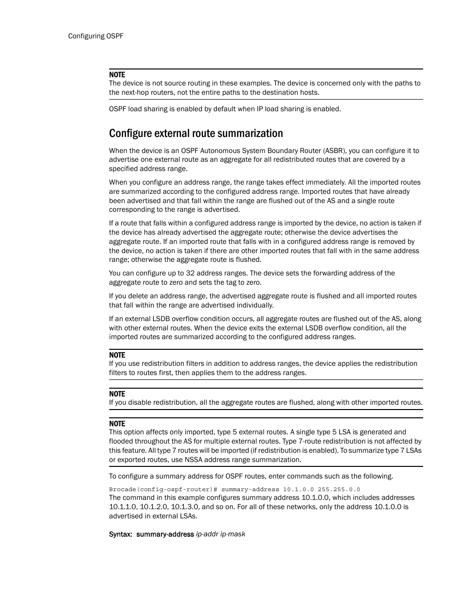 Configure external route summarization | Brocade Multi-Service IronWare Routing Configuration Guide (Supporting R05.6.00) User Manual | Page 218 / 846