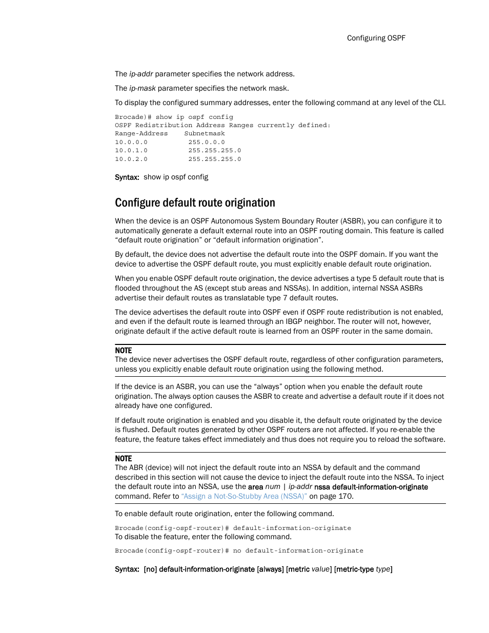 Configure default route origination | Brocade Multi-Service IronWare Routing Configuration Guide (Supporting R05.6.00) User Manual | Page 219 / 846