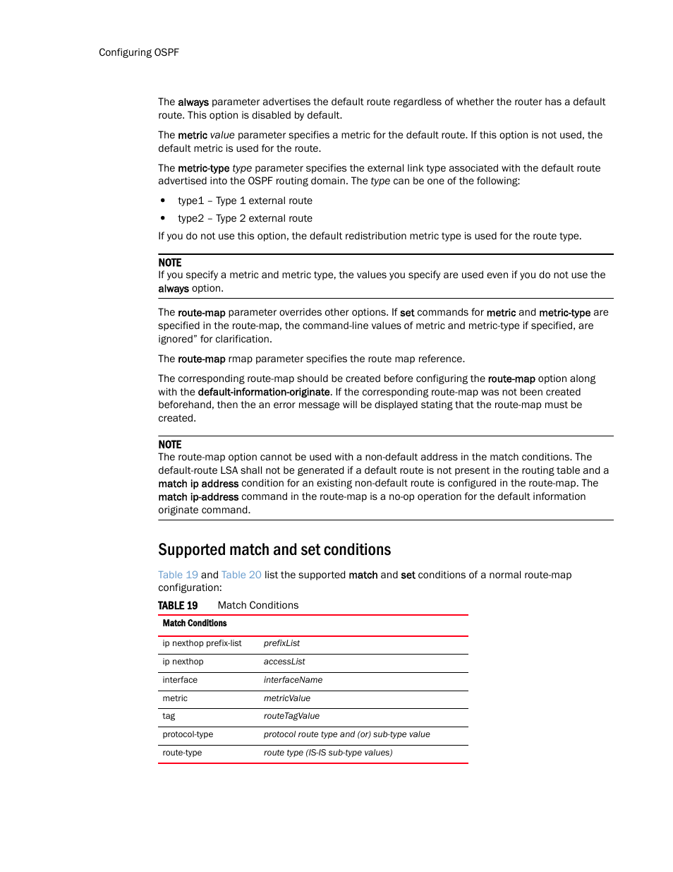 Supported match and set conditions | Brocade Multi-Service IronWare Routing Configuration Guide (Supporting R05.6.00) User Manual | Page 220 / 846