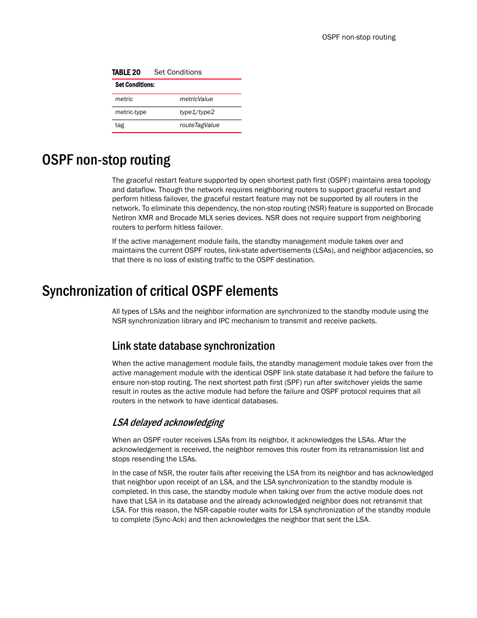 Ospf non-stop routing, Synchronization of critical ospf elements, Link state database synchronization | Lsa delayed acknowledging | Brocade Multi-Service IronWare Routing Configuration Guide (Supporting R05.6.00) User Manual | Page 221 / 846