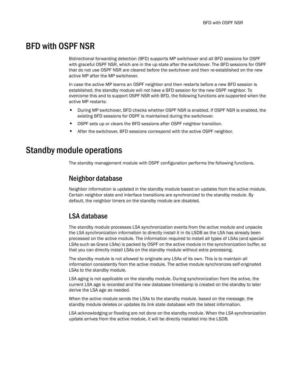 Bfd with ospf nsr, Standby module operations, Neighbor database | Lsa database | Brocade Multi-Service IronWare Routing Configuration Guide (Supporting R05.6.00) User Manual | Page 223 / 846