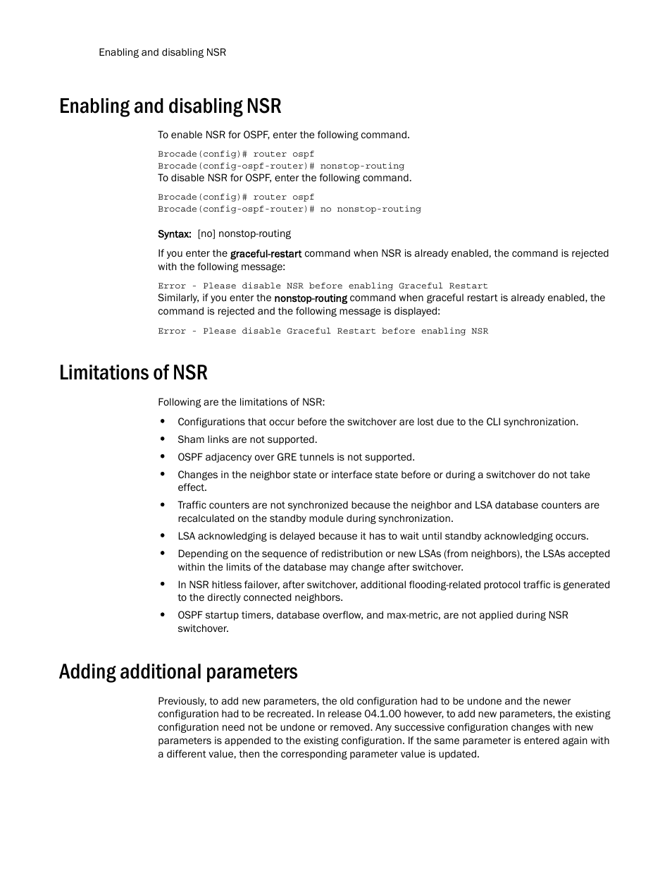 Enabling and disabling nsr, Limitations of nsr, Adding additional parameters | Brocade Multi-Service IronWare Routing Configuration Guide (Supporting R05.6.00) User Manual | Page 224 / 846