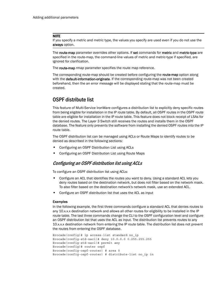 Ospf distribute list, Configuring an ospf distribution list using acls | Brocade Multi-Service IronWare Routing Configuration Guide (Supporting R05.6.00) User Manual | Page 226 / 846