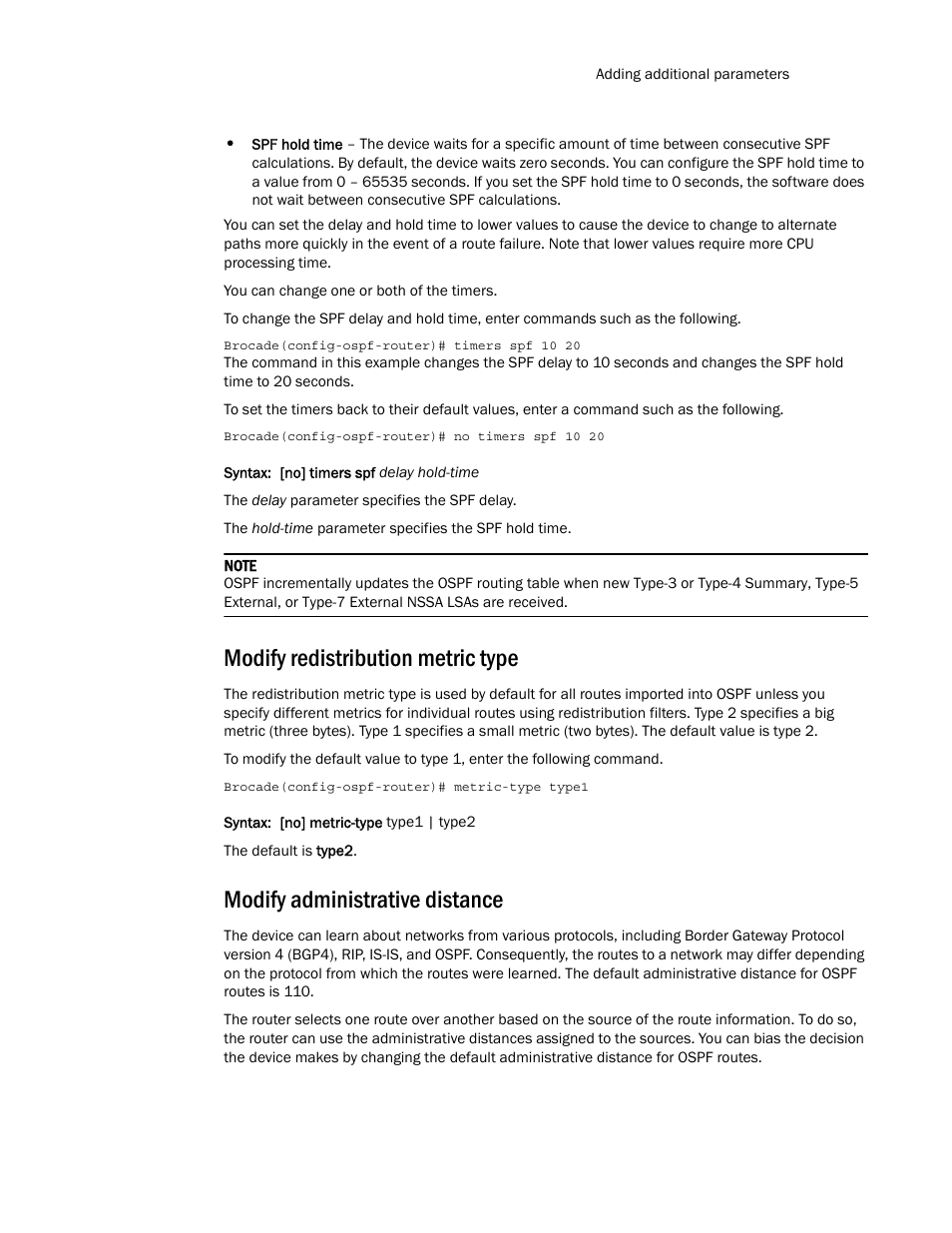 Modify redistribution metric type, Modify administrative distance | Brocade Multi-Service IronWare Routing Configuration Guide (Supporting R05.6.00) User Manual | Page 229 / 846