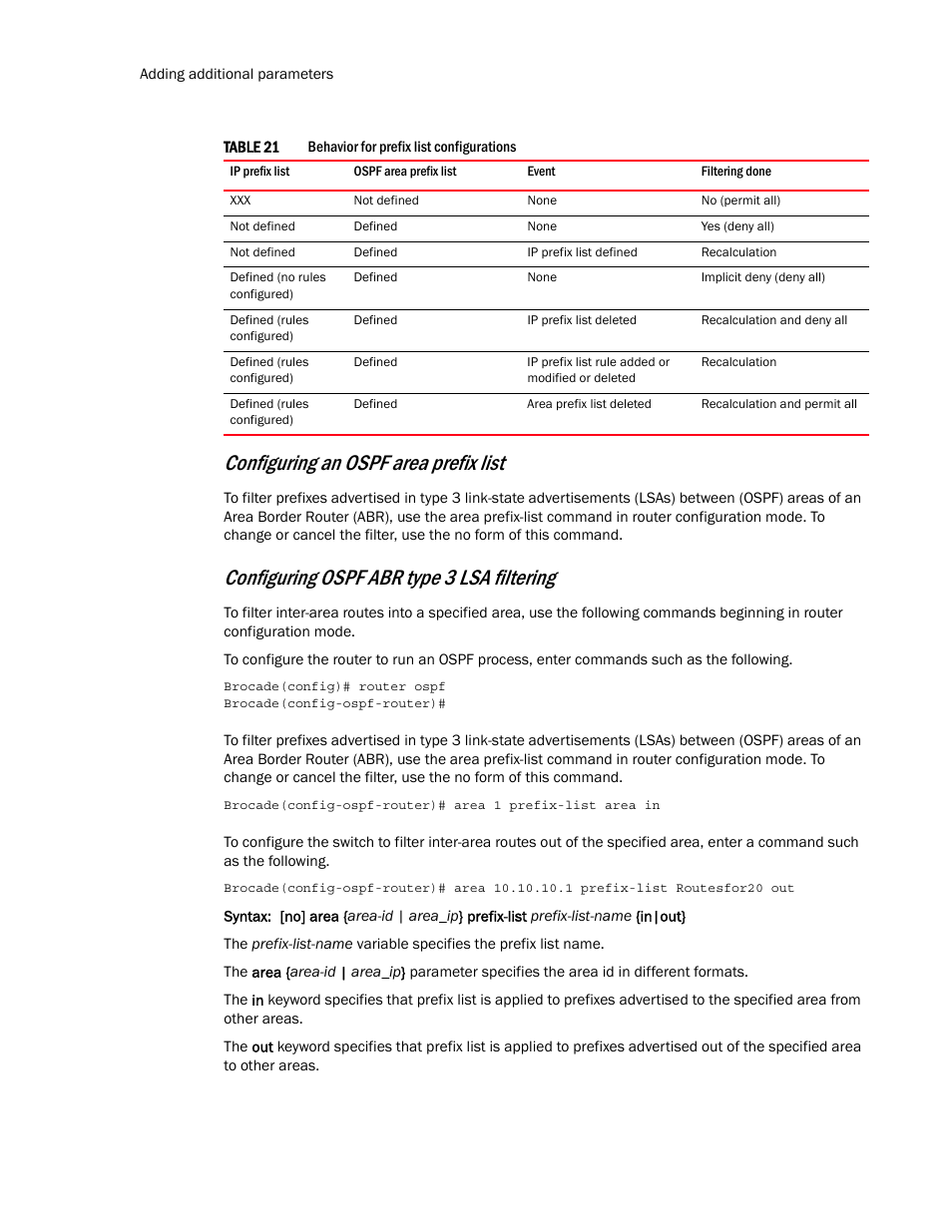 Configuring an ospf area prefix list, Configuring ospf abr type 3 lsa filtering | Brocade Multi-Service IronWare Routing Configuration Guide (Supporting R05.6.00) User Manual | Page 232 / 846