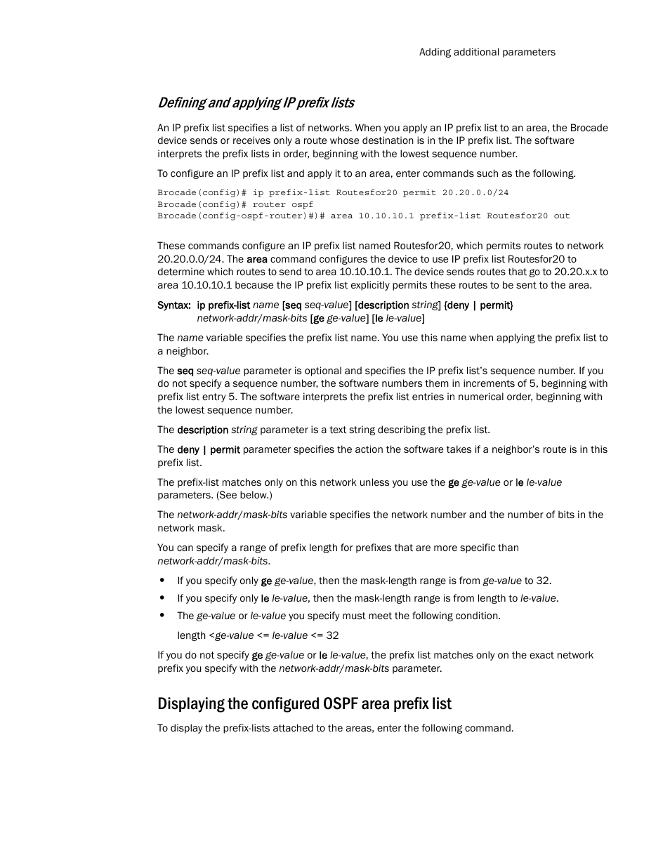 Displaying the configured ospf area prefix list, Defining and applying ip prefix lists | Brocade Multi-Service IronWare Routing Configuration Guide (Supporting R05.6.00) User Manual | Page 233 / 846