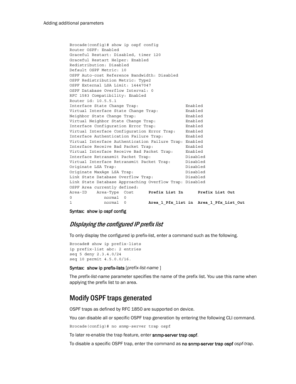 Modify ospf traps generated, Displaying the configured ip prefix list | Brocade Multi-Service IronWare Routing Configuration Guide (Supporting R05.6.00) User Manual | Page 234 / 846