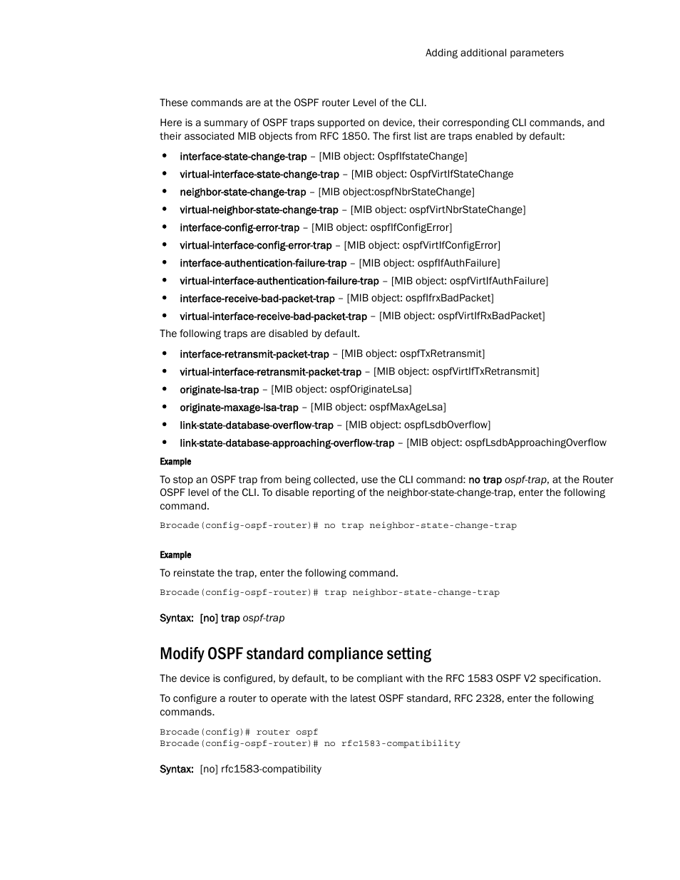 Modify ospf standard compliance setting, Modify ospf, Standard compliance setting | Brocade Multi-Service IronWare Routing Configuration Guide (Supporting R05.6.00) User Manual | Page 235 / 846