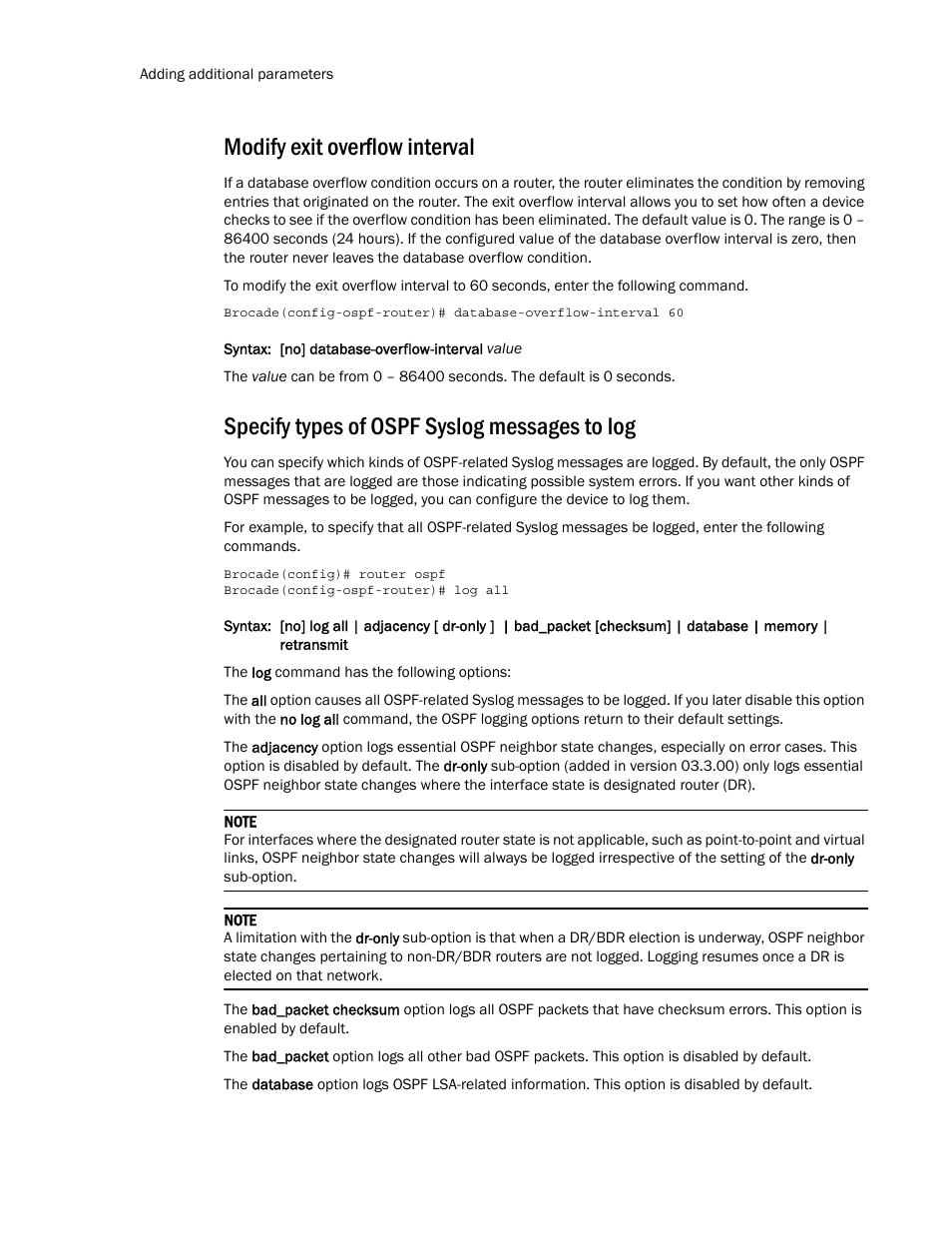 Modify exit overflow interval, Specify types of ospf syslog messages to log | Brocade Multi-Service IronWare Routing Configuration Guide (Supporting R05.6.00) User Manual | Page 236 / 846