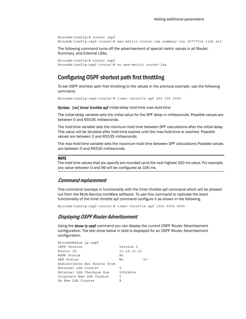 Configuring ospf shortest path first throttling, Command replacement, Displaying ospf router advertisement | Brocade Multi-Service IronWare Routing Configuration Guide (Supporting R05.6.00) User Manual | Page 241 / 846