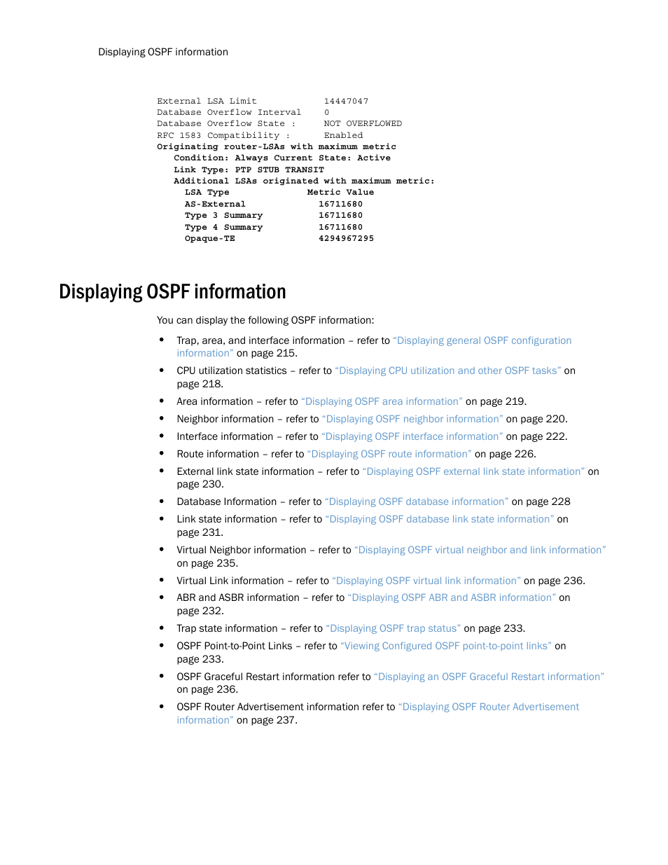 Displaying ospf information | Brocade Multi-Service IronWare Routing Configuration Guide (Supporting R05.6.00) User Manual | Page 242 / 846