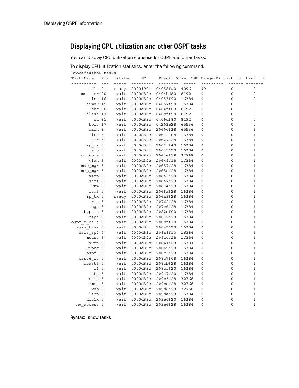 Displaying cpu utilization and other ospf tasks | Brocade Multi-Service IronWare Routing Configuration Guide (Supporting R05.6.00) User Manual | Page 246 / 846