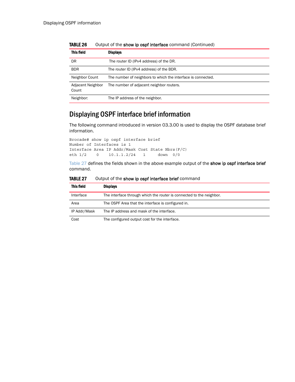 Displaying ospf interface brief information, Displaying ospf, Interface brief information | Brocade Multi-Service IronWare Routing Configuration Guide (Supporting R05.6.00) User Manual | Page 252 / 846