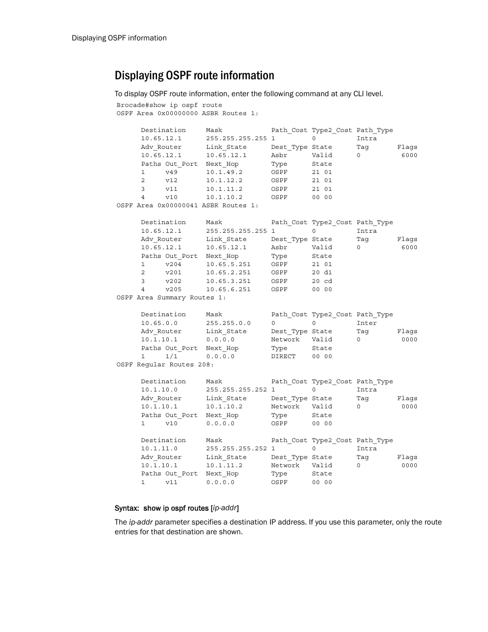 Displaying ospf route information | Brocade Multi-Service IronWare Routing Configuration Guide (Supporting R05.6.00) User Manual | Page 254 / 846