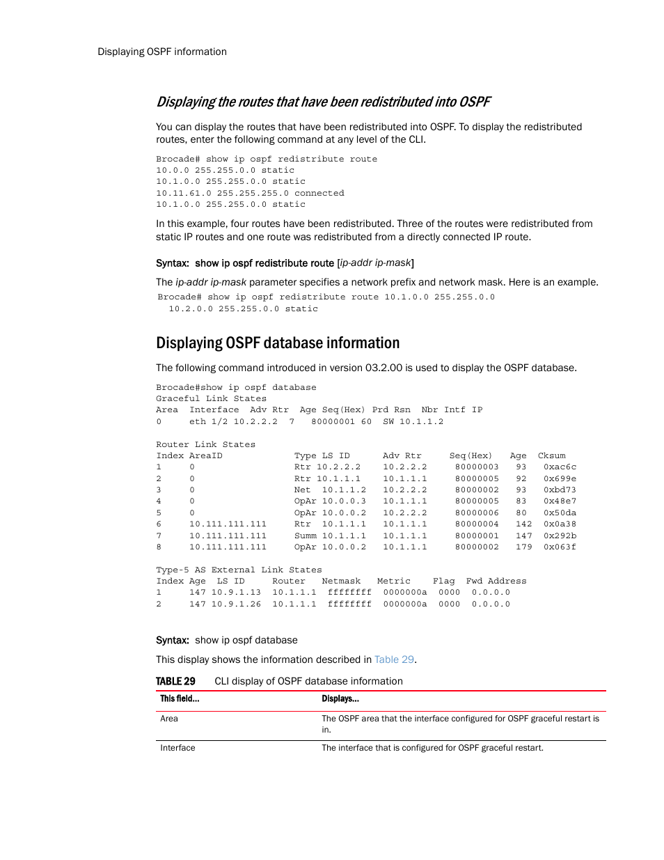 Displaying ospf database information | Brocade Multi-Service IronWare Routing Configuration Guide (Supporting R05.6.00) User Manual | Page 256 / 846