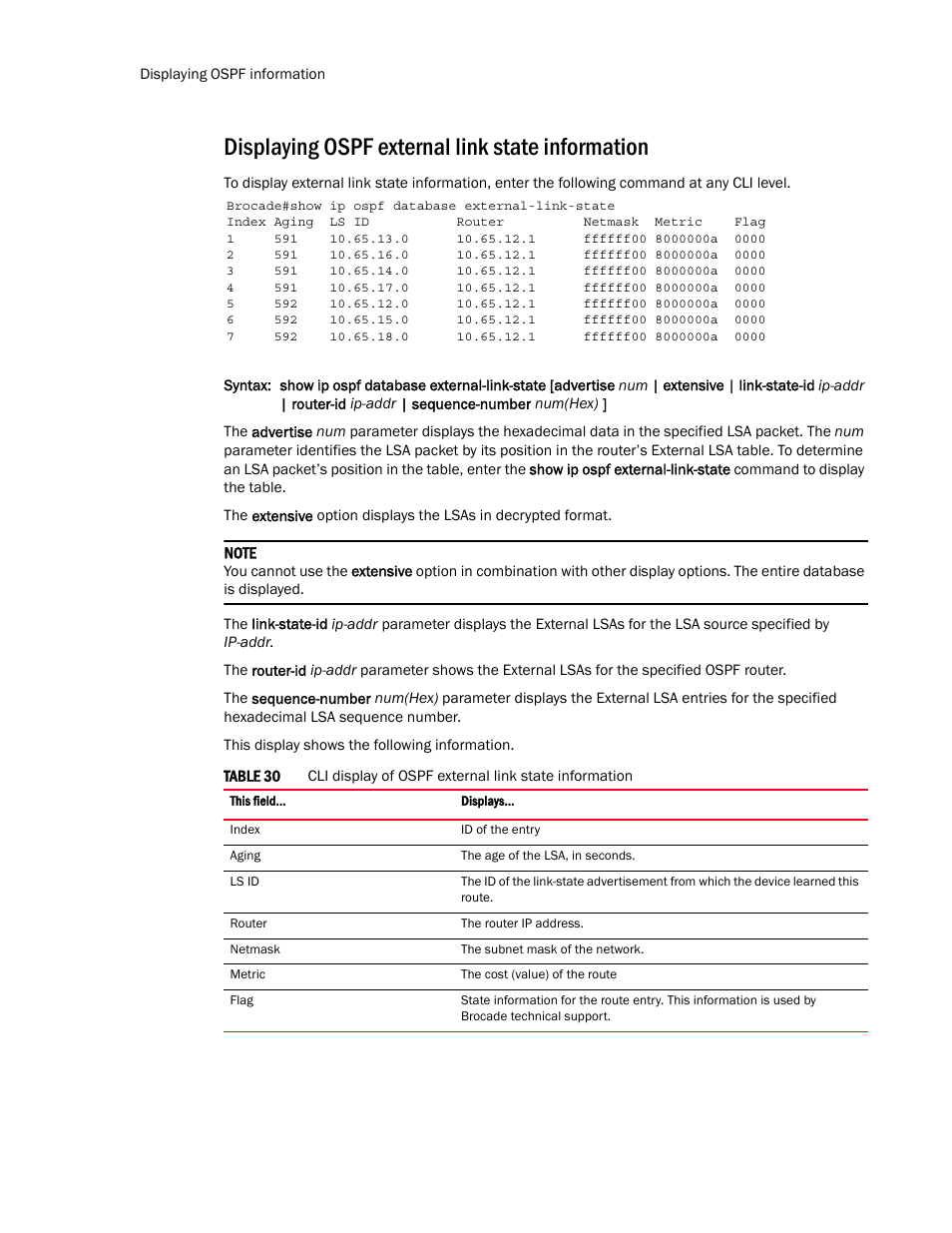 Displaying ospf external link state information | Brocade Multi-Service IronWare Routing Configuration Guide (Supporting R05.6.00) User Manual | Page 258 / 846