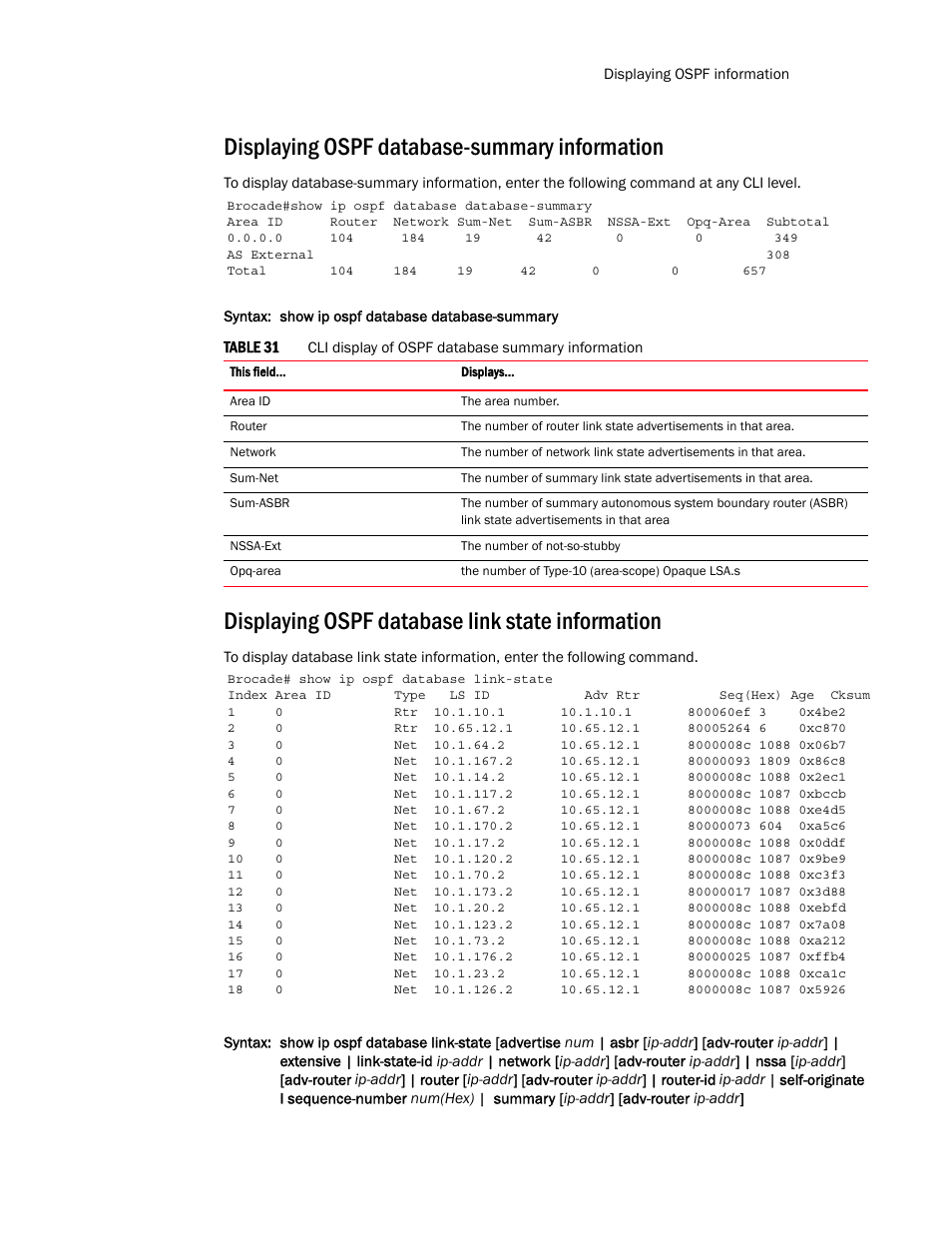 Displaying ospf database-summary information, Displaying ospf database link state information | Brocade Multi-Service IronWare Routing Configuration Guide (Supporting R05.6.00) User Manual | Page 259 / 846