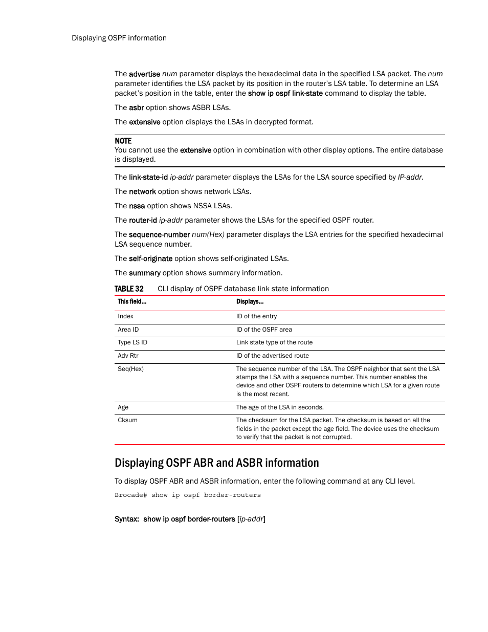 Displaying ospf abr and asbr information | Brocade Multi-Service IronWare Routing Configuration Guide (Supporting R05.6.00) User Manual | Page 260 / 846