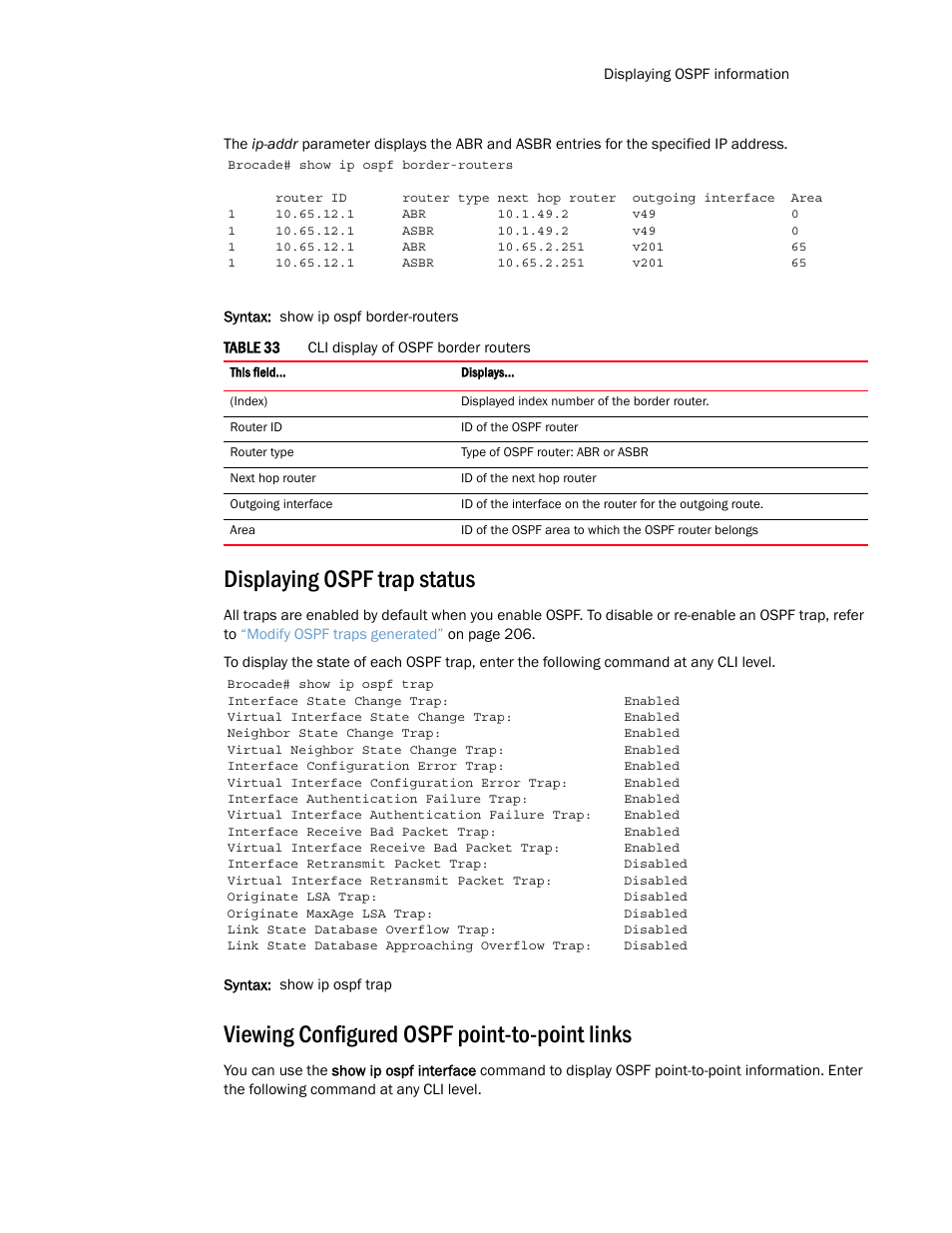 Displaying ospf trap status, Viewing configured ospf point-to-point links | Brocade Multi-Service IronWare Routing Configuration Guide (Supporting R05.6.00) User Manual | Page 261 / 846