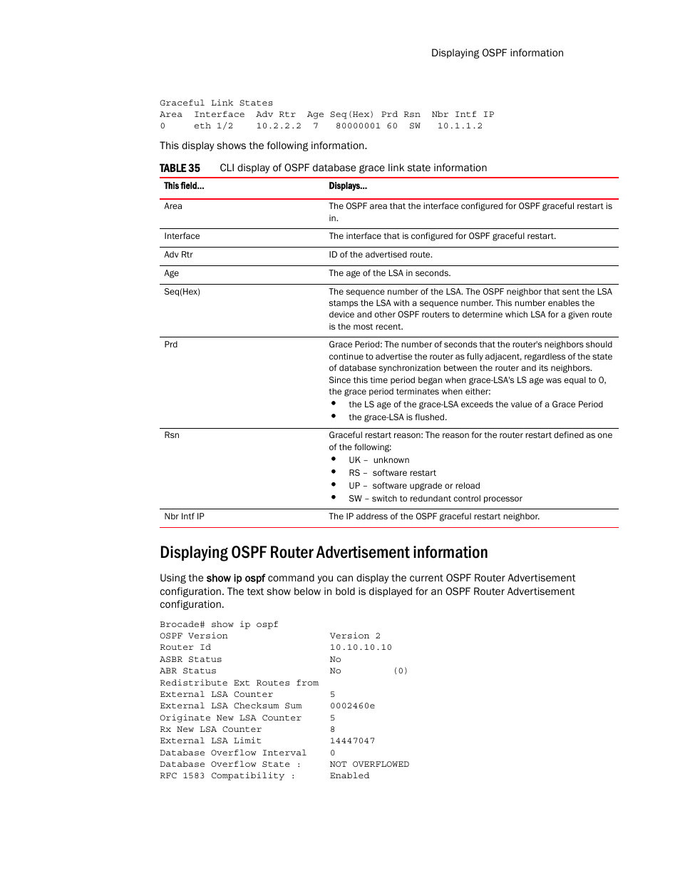 Displaying ospf router advertisement information, Displaying ospf router advertisement, Information | Brocade Multi-Service IronWare Routing Configuration Guide (Supporting R05.6.00) User Manual | Page 265 / 846