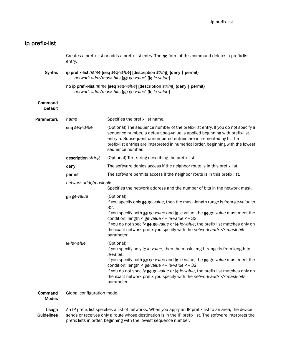 Ip prefix-list | Brocade Multi-Service IronWare Routing Configuration Guide (Supporting R05.6.00) User Manual | Page 271 / 846