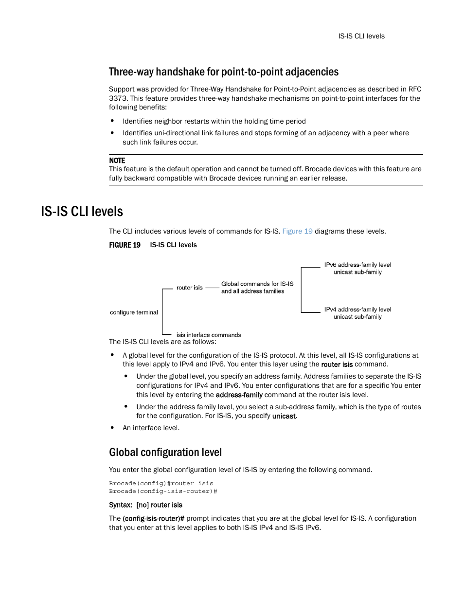 Three-way handshake for point-to-point adjacencies, Is-is cli levels, Global configuration level | Brocade Multi-Service IronWare Routing Configuration Guide (Supporting R05.6.00) User Manual | Page 281 / 846