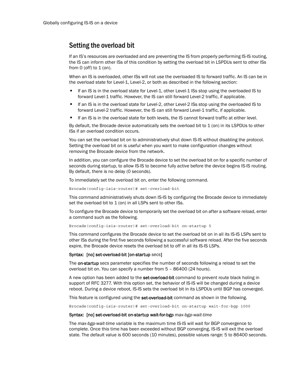 Setting the overload bit | Brocade Multi-Service IronWare Routing Configuration Guide (Supporting R05.6.00) User Manual | Page 284 / 846