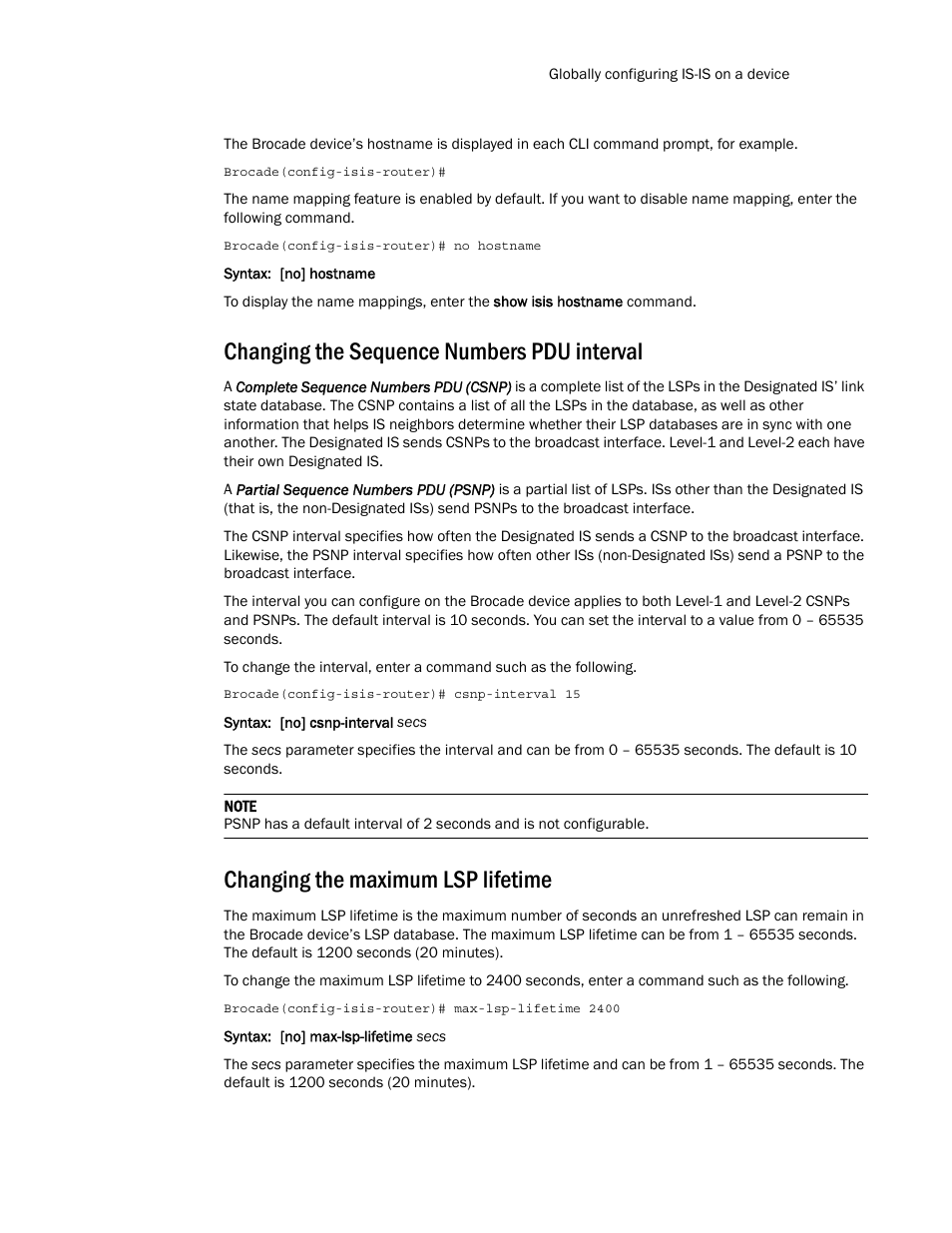 Changing the sequence numbers pdu interval, Changing the maximum lsp lifetime | Brocade Multi-Service IronWare Routing Configuration Guide (Supporting R05.6.00) User Manual | Page 289 / 846