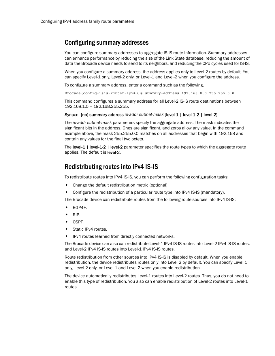Configuring summary addresses, Redistributing routes into ipv4 is-is | Brocade Multi-Service IronWare Routing Configuration Guide (Supporting R05.6.00) User Manual | Page 298 / 846