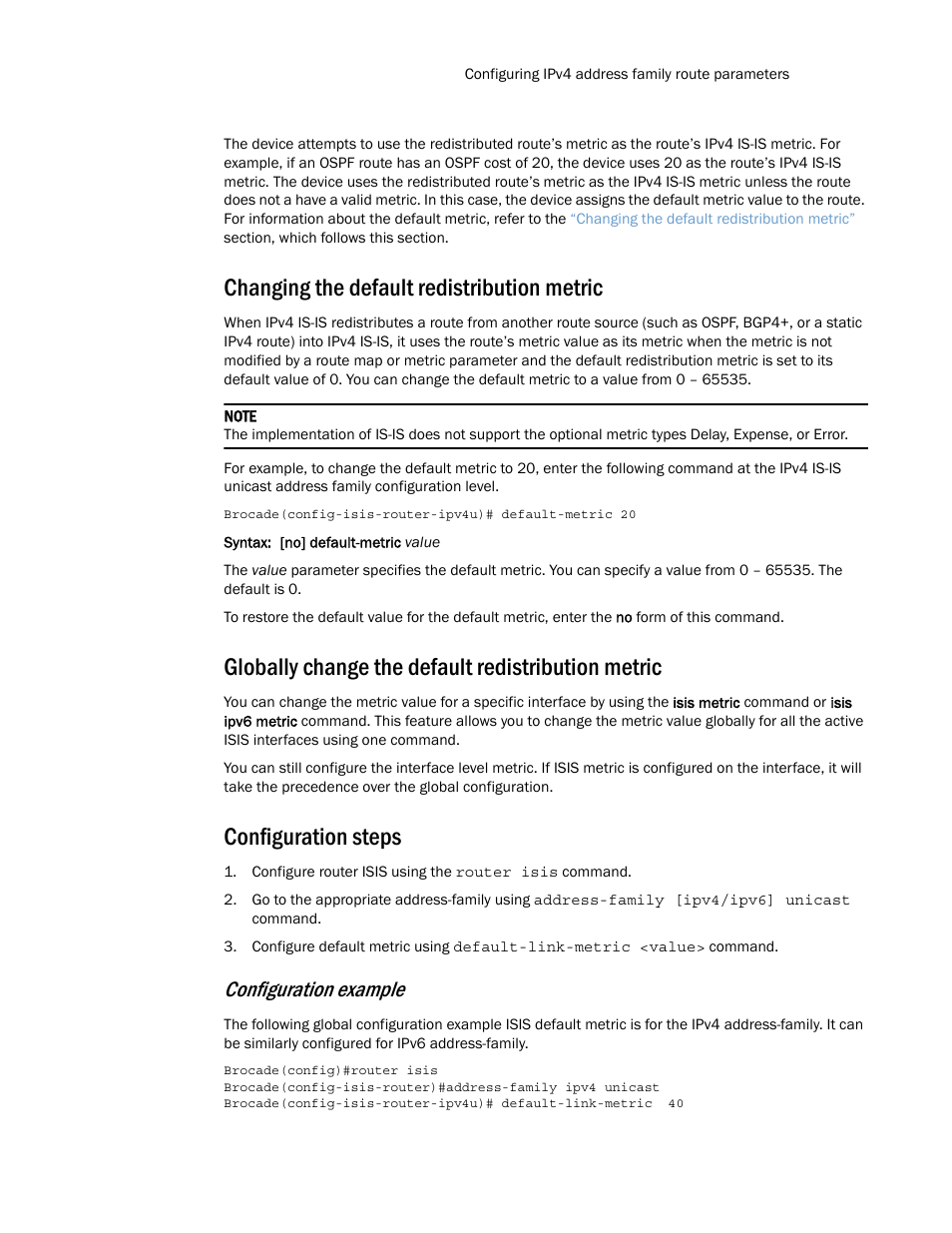 Changing the default redistribution metric, Globally change the default redistribution metric, Configuration steps | Configuration example | Brocade Multi-Service IronWare Routing Configuration Guide (Supporting R05.6.00) User Manual | Page 299 / 846