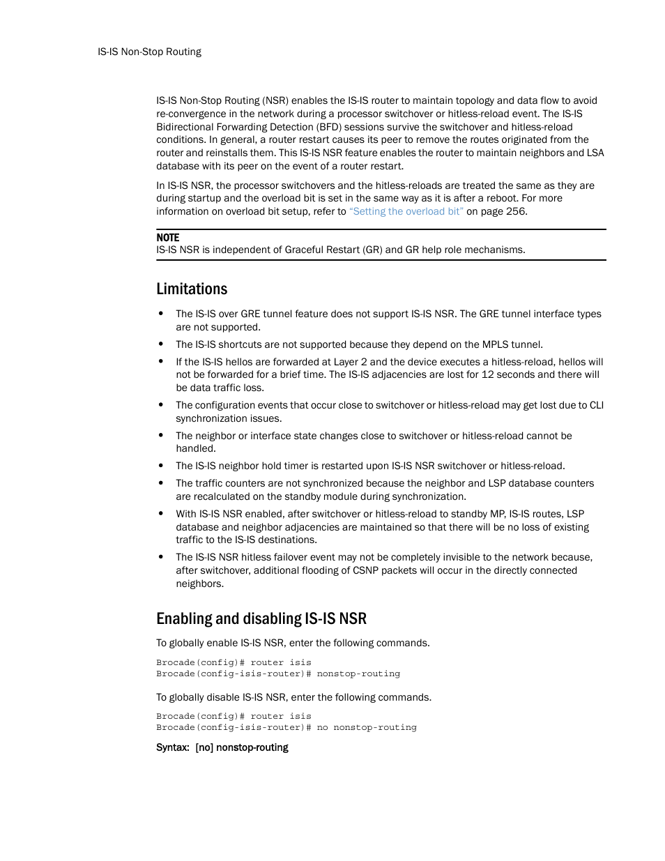 Limitations, Enabling and disabling is-is nsr | Brocade Multi-Service IronWare Routing Configuration Guide (Supporting R05.6.00) User Manual | Page 308 / 846