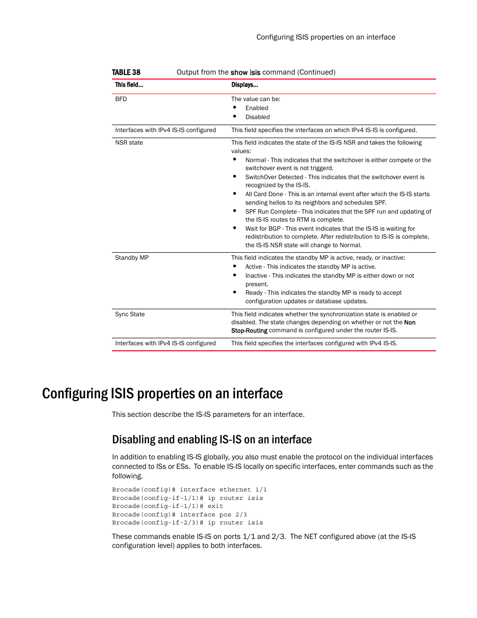 Configuring isis properties on an interface, Disabling and enabling is-is on an interface, Configuring | Isis properties on an interface | Brocade Multi-Service IronWare Routing Configuration Guide (Supporting R05.6.00) User Manual | Page 313 / 846