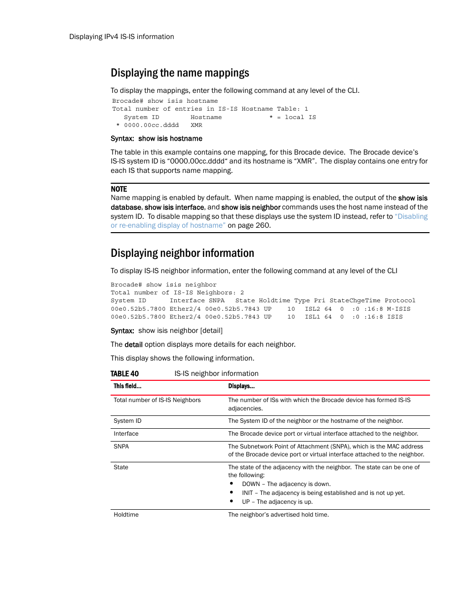 Displaying the name mappings, Displaying neighbor information | Brocade Multi-Service IronWare Routing Configuration Guide (Supporting R05.6.00) User Manual | Page 322 / 846