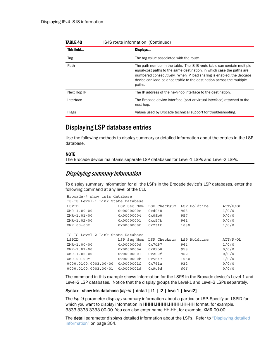 Displaying lsp database entries, Tries, Displaying summary information | Brocade Multi-Service IronWare Routing Configuration Guide (Supporting R05.6.00) User Manual | Page 330 / 846
