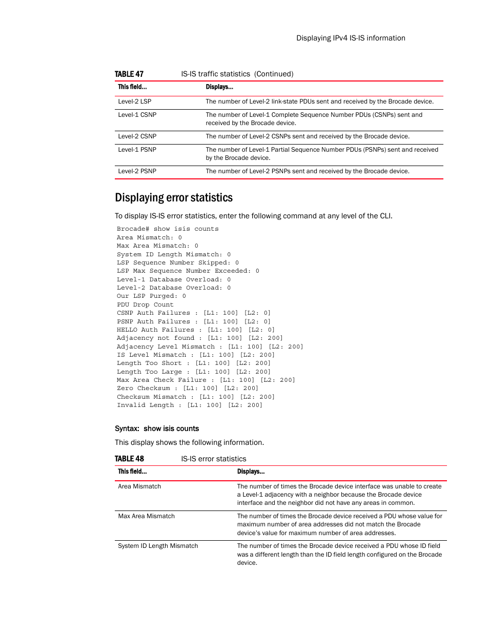 Displaying error statistics | Brocade Multi-Service IronWare Routing Configuration Guide (Supporting R05.6.00) User Manual | Page 335 / 846