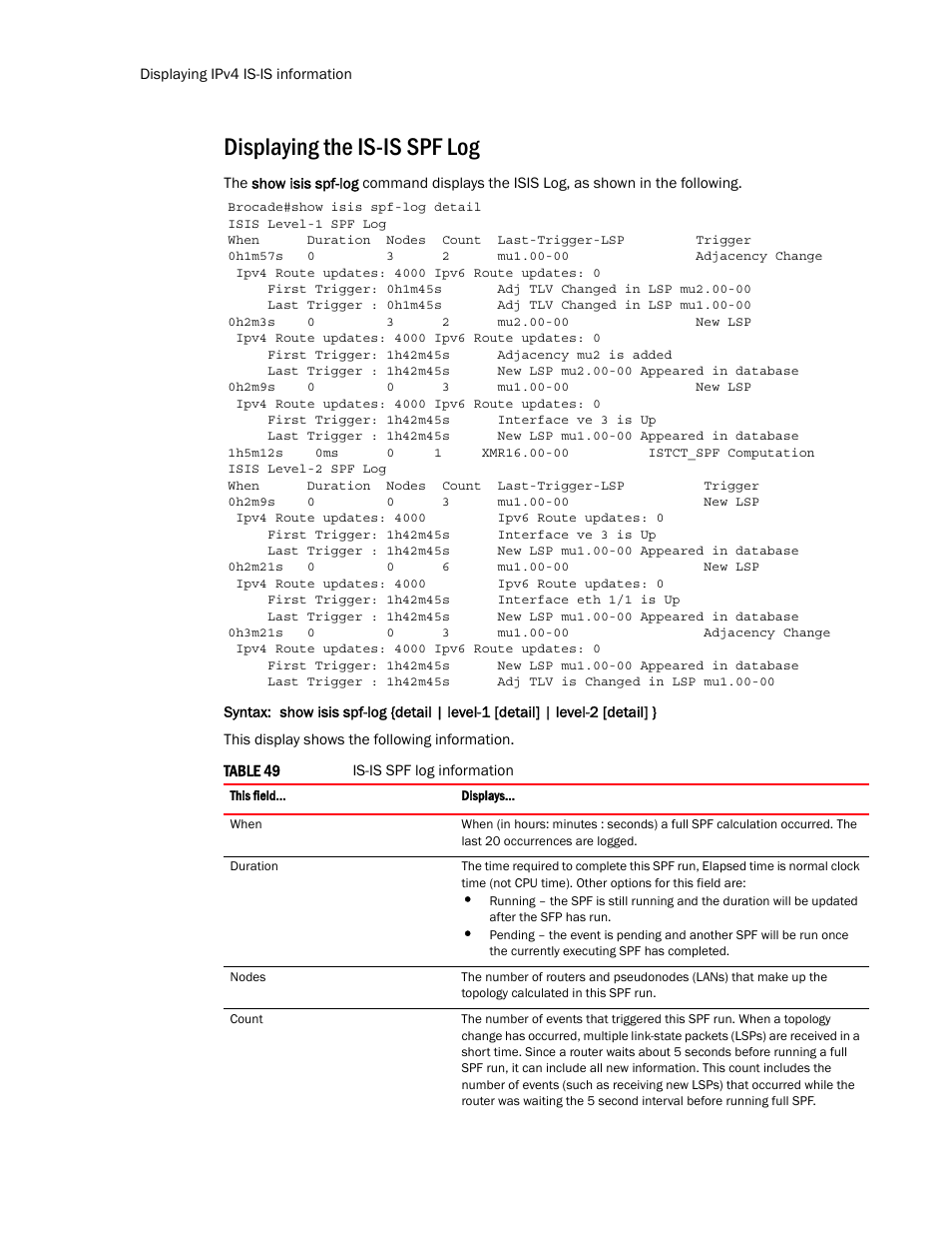 Displaying the is-is spf log | Brocade Multi-Service IronWare Routing Configuration Guide (Supporting R05.6.00) User Manual | Page 338 / 846