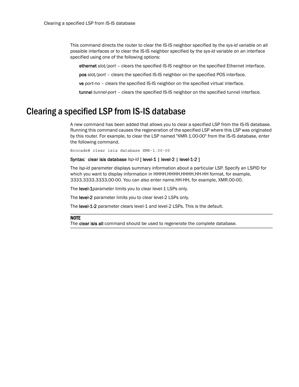 Clearing a specified lsp from is-is database | Brocade Multi-Service IronWare Routing Configuration Guide (Supporting R05.6.00) User Manual | Page 342 / 846